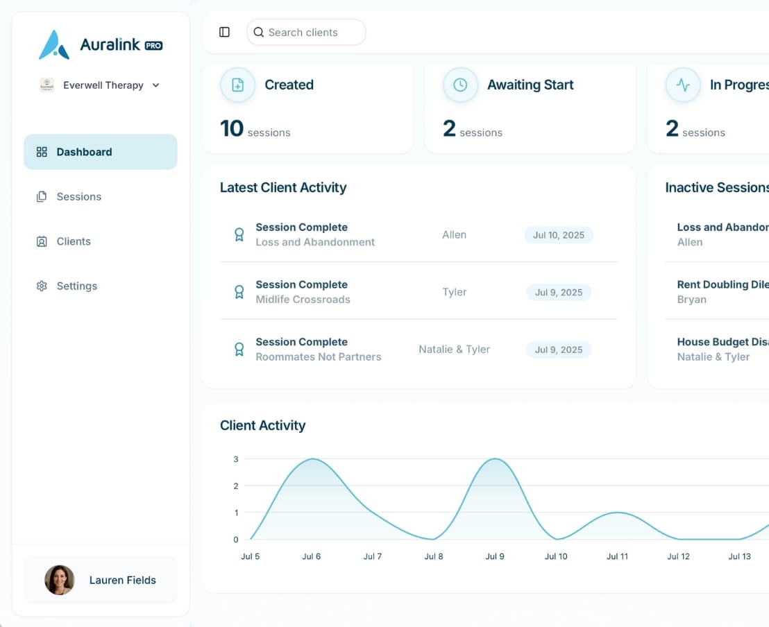 Auralink Pro at-a-glance view showing session metrics, alignment trends, and key issues