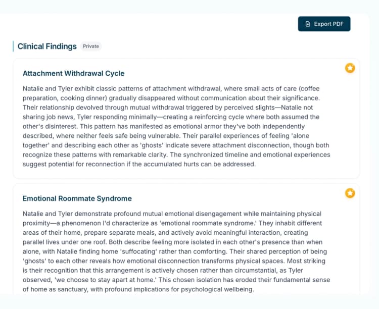 Clinical findings dashboard showing detected patterns and insights