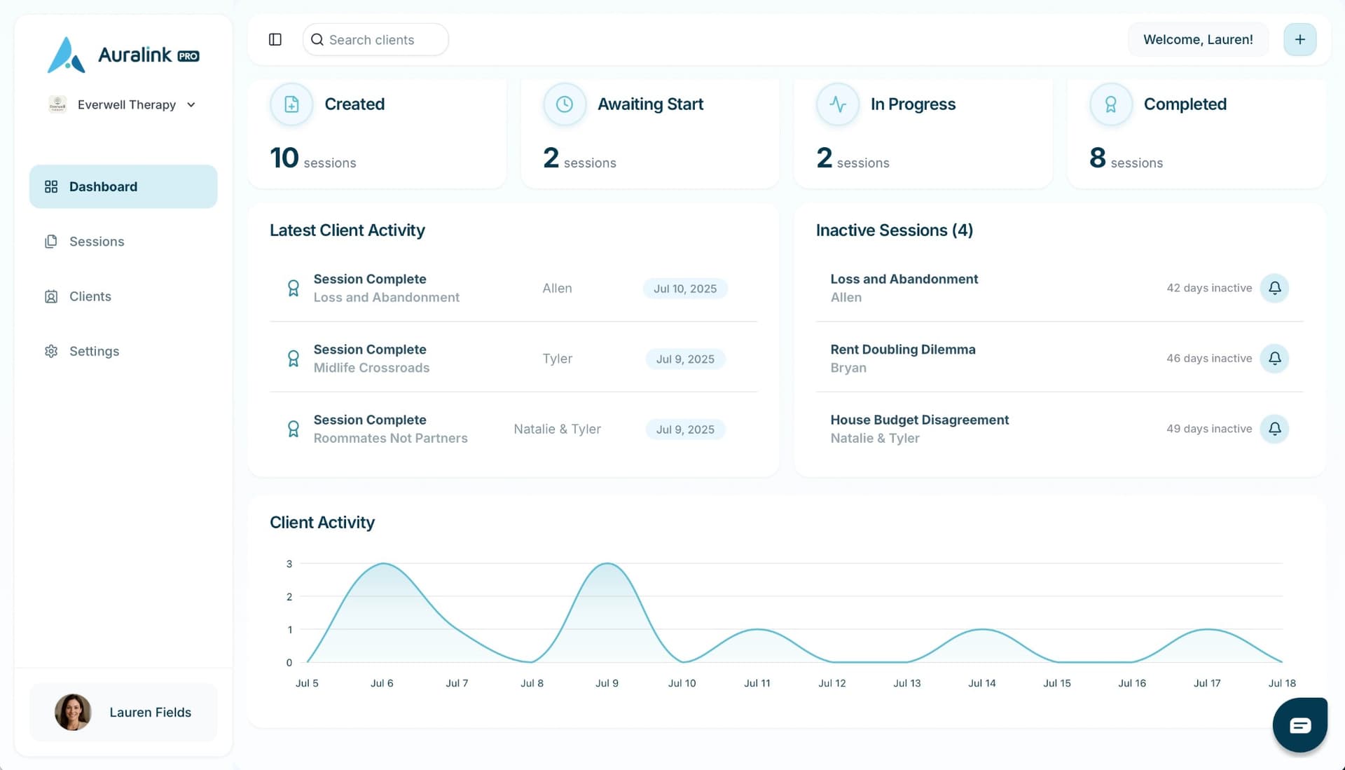 Auralink Pro dashboard showing client activity, session metrics, and clinical insights