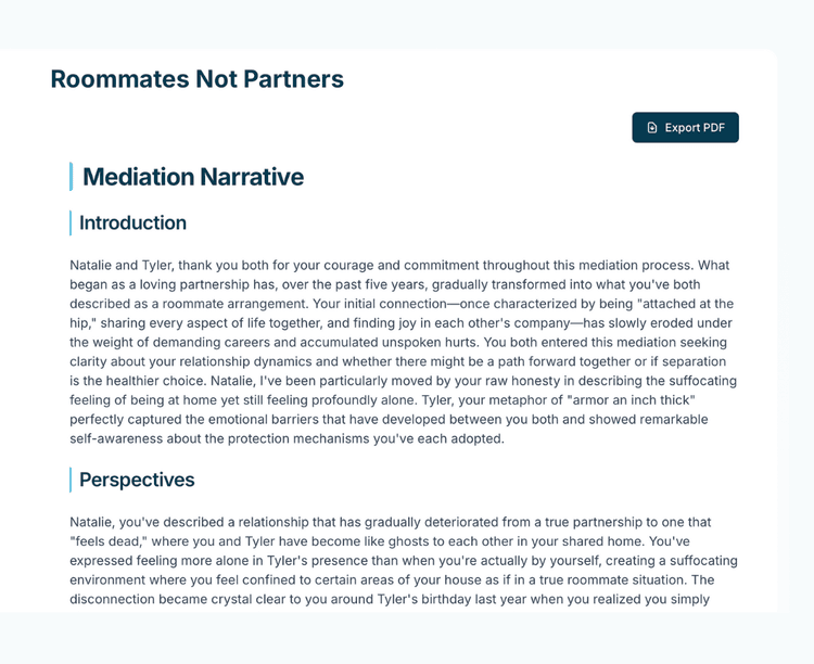 Session narrative showing mediation summary with perspectives and key insights